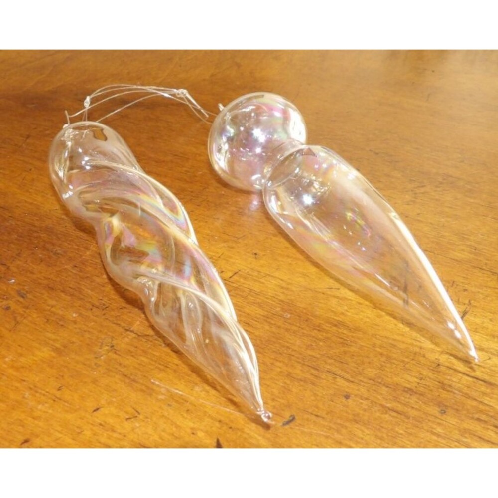 Lot 2 Handblown Clear Thin Glass Iridescent Christmas Tree Ornament Icicle 4.75" - Picture 3 of 13